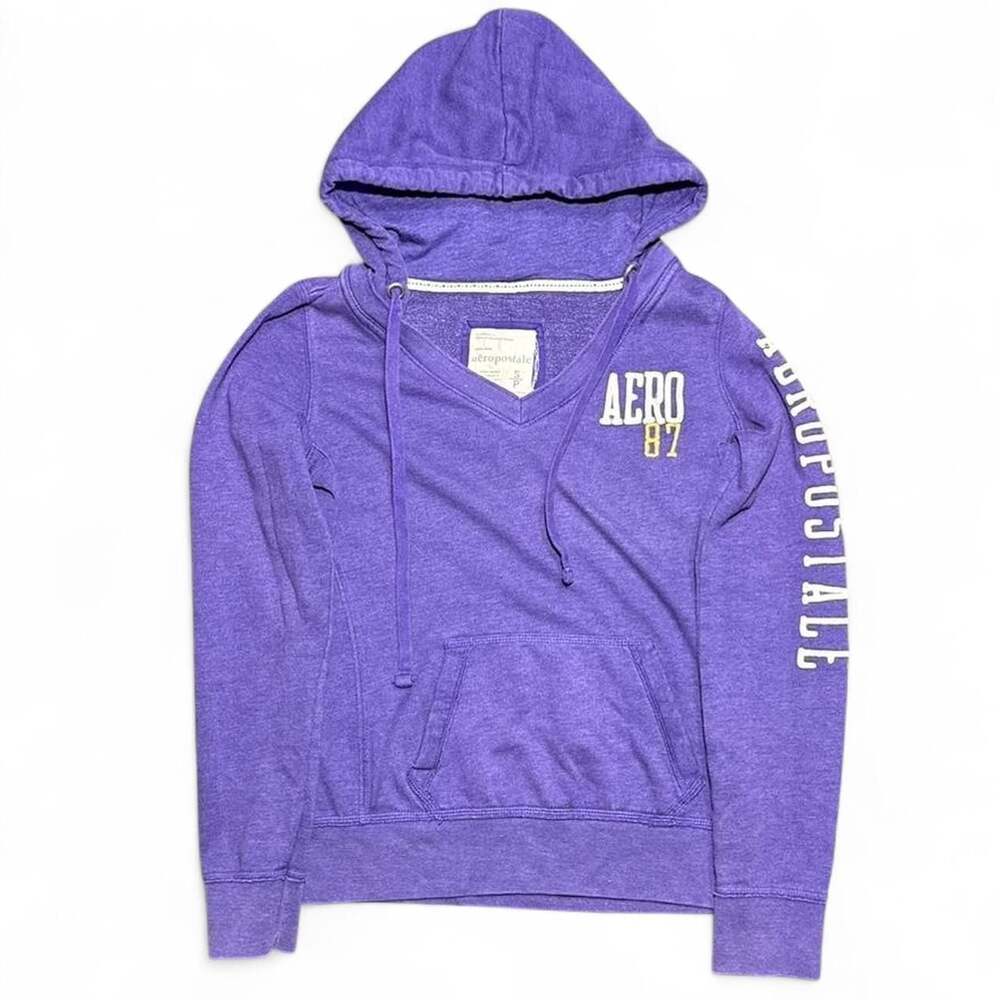 Aeropostale Vintage Aero 87 V-Neck Pullover Hoodie Purple Women's S